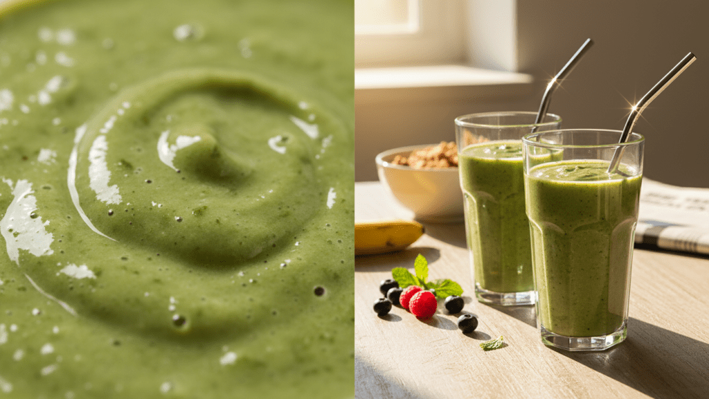 Close up look at the velvety texture of a matcha smoothie and a wide shot of two smoothie glasses