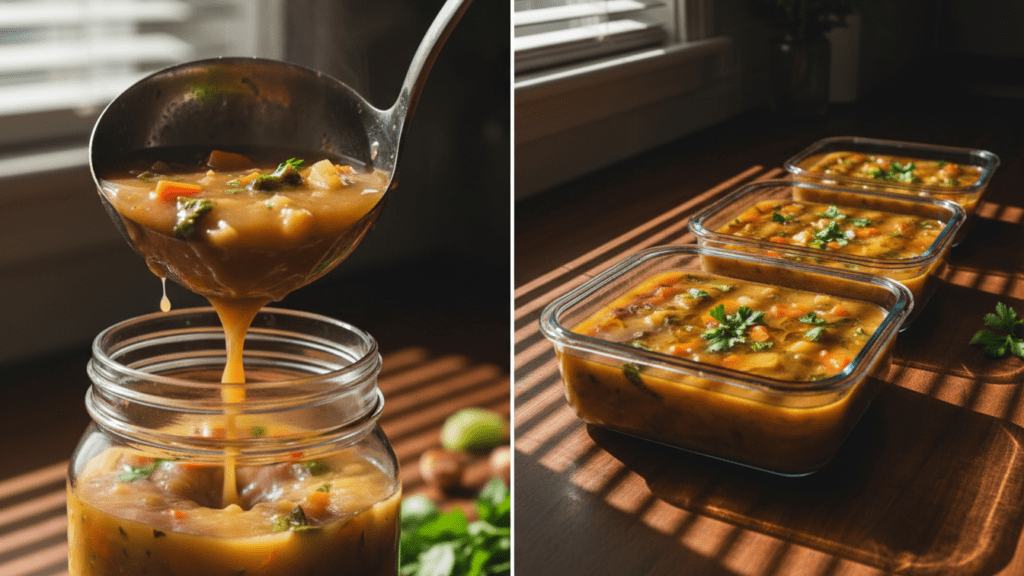 Multiple glass jars filled with vegetable soup for a week of healthy meal prep