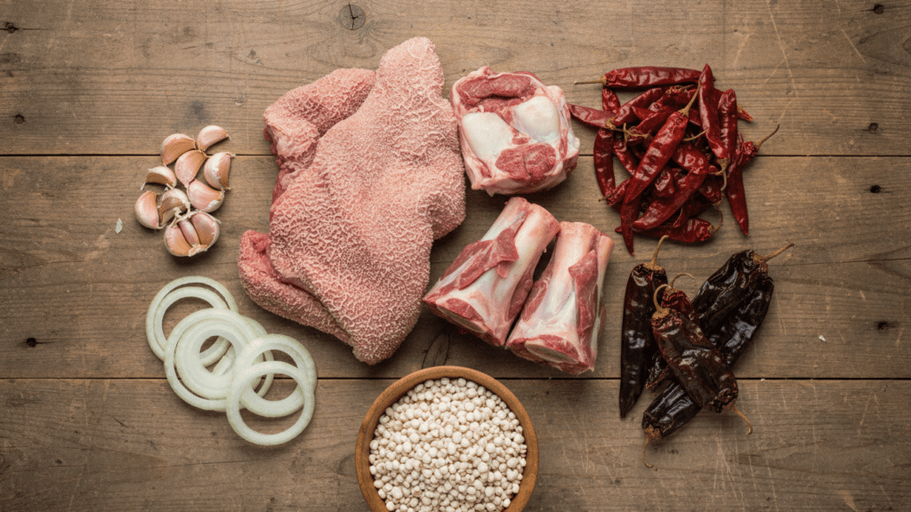 Raw ingredients for making a healthy authentic Mexican menudo recipe.