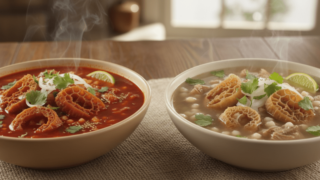 Two different versions of menudo including red and white options.)