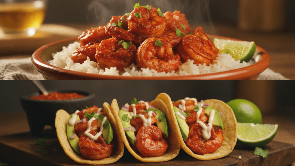Close up of camarones a la diabla served over rice and as tacos.