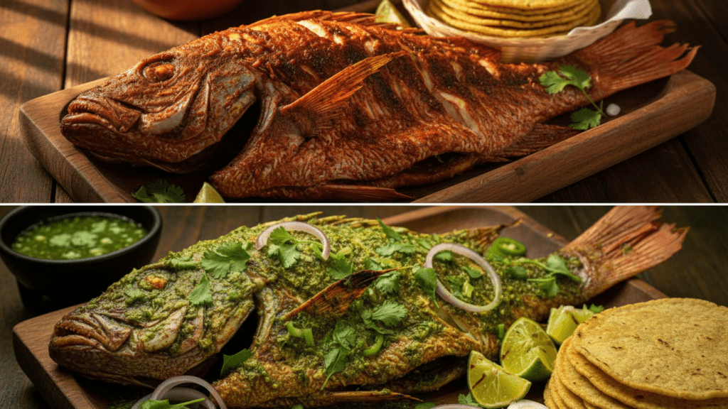Close up of grilled zarandeado fish served with tortillas and a green sauce version.