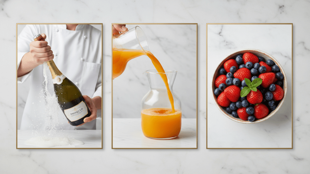 A collage of ingredients for a mimosa bar including prosecco, orange juice, and berries.