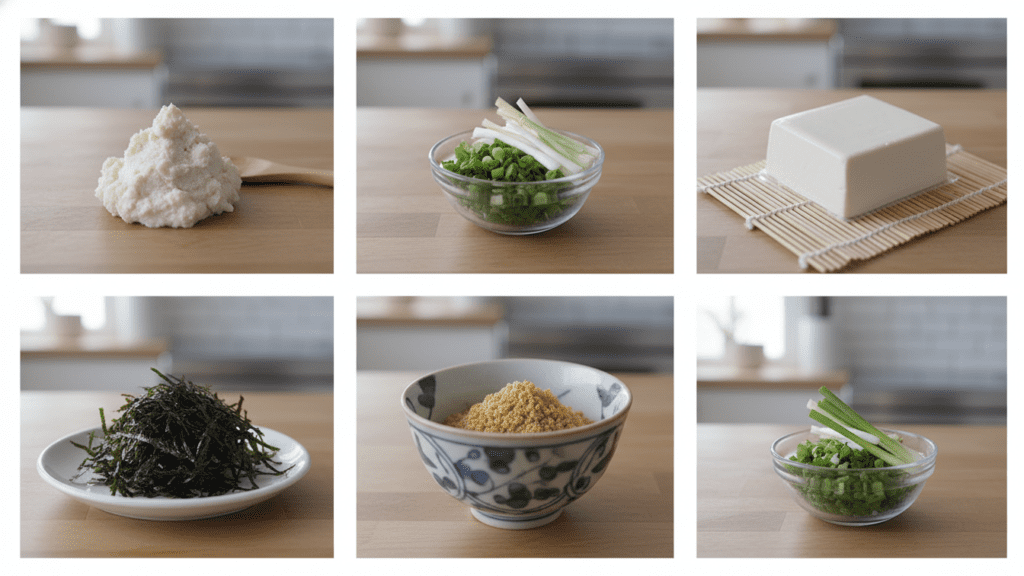 A collage of miso soup ingredients including miso paste, dashi, tofu, and seaweed