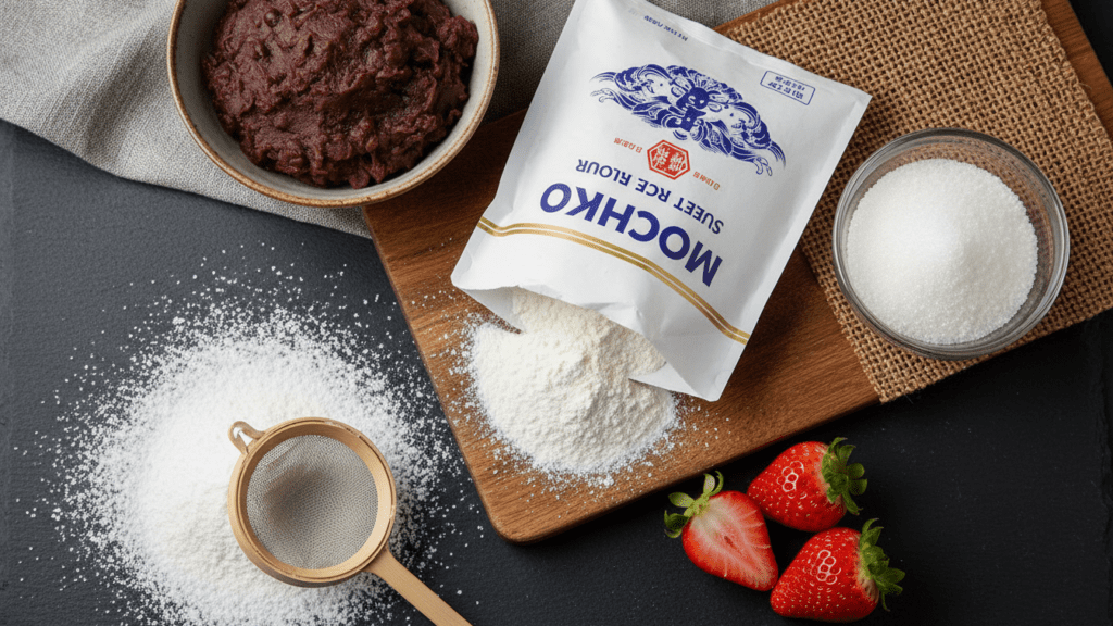 Fresh ingredients needed for making homemade mochi including glutinous rice flour.