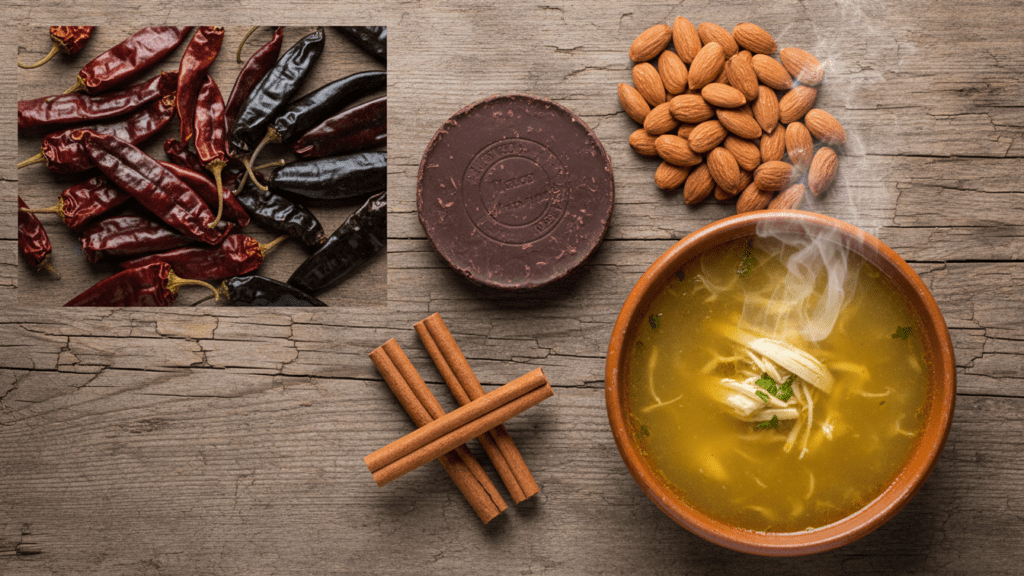 Raw ingredients for making a healthy authentic Mexican mole poblano recipe.