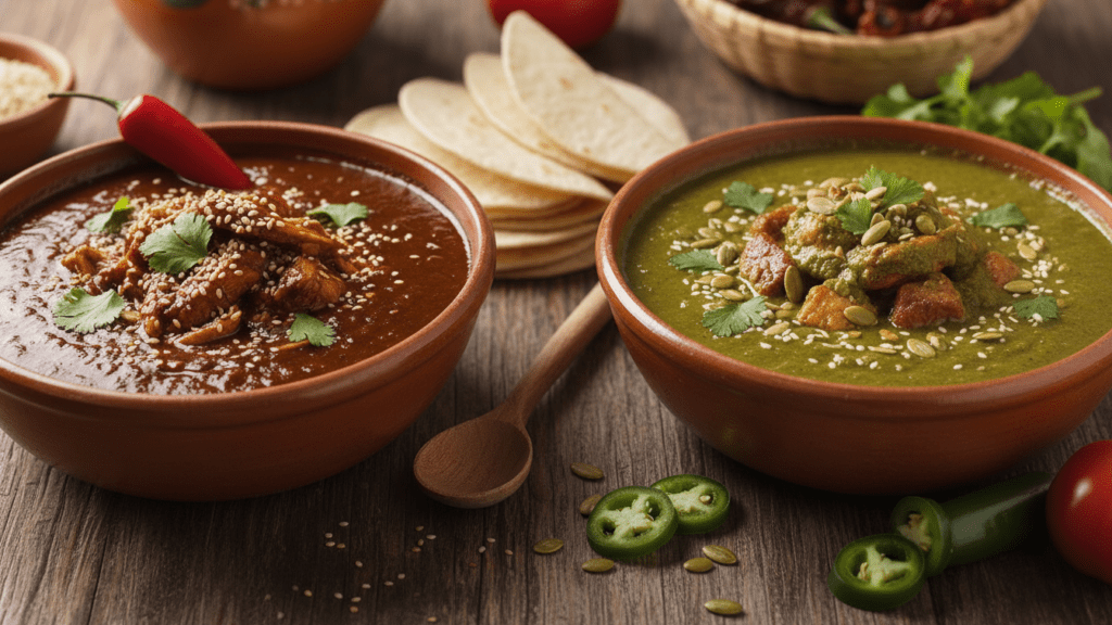 Two different versions of Mexican mole including red and green options.