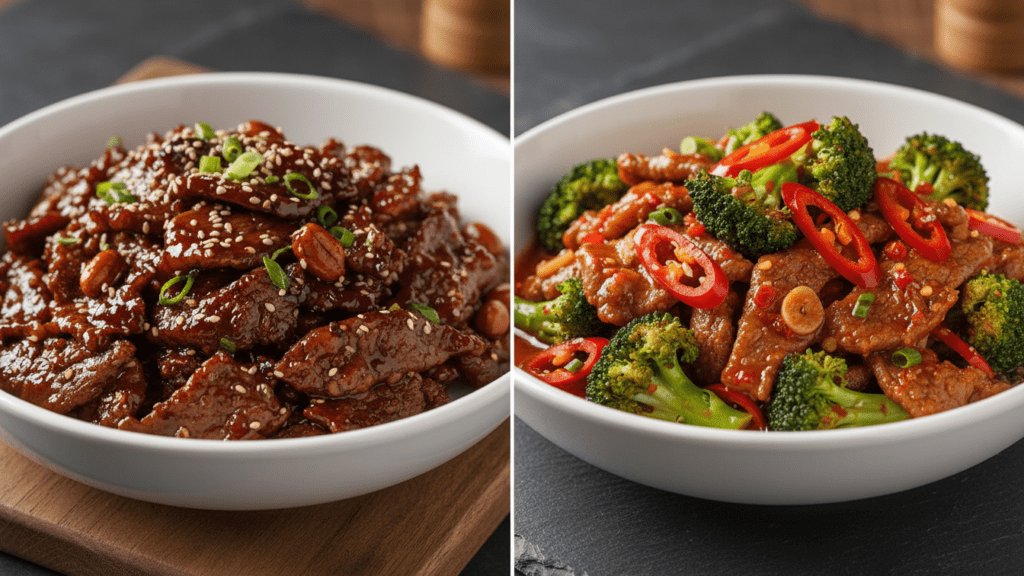 Two different versions of Mongolian beef including a spicy broccoli option.