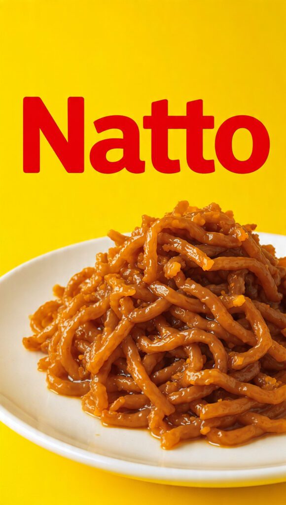 A bowl of natto being stirred with chopsticks showing long sticky strings and text overlay "Natto"