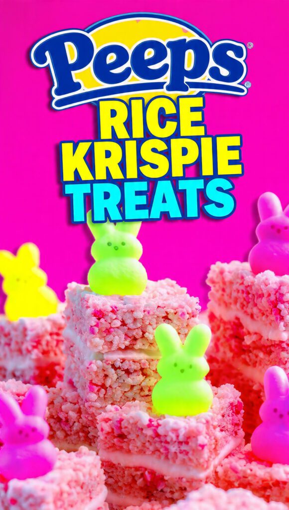 A stack of vibrant pink and yellow peeps rice krispie treats with text overlay.