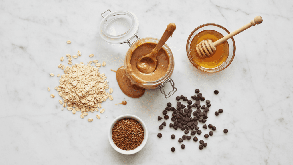 A collage of ingredients: creamy almond butter, rolled oats, honey, dark chocolate chips, and flaxseeds.