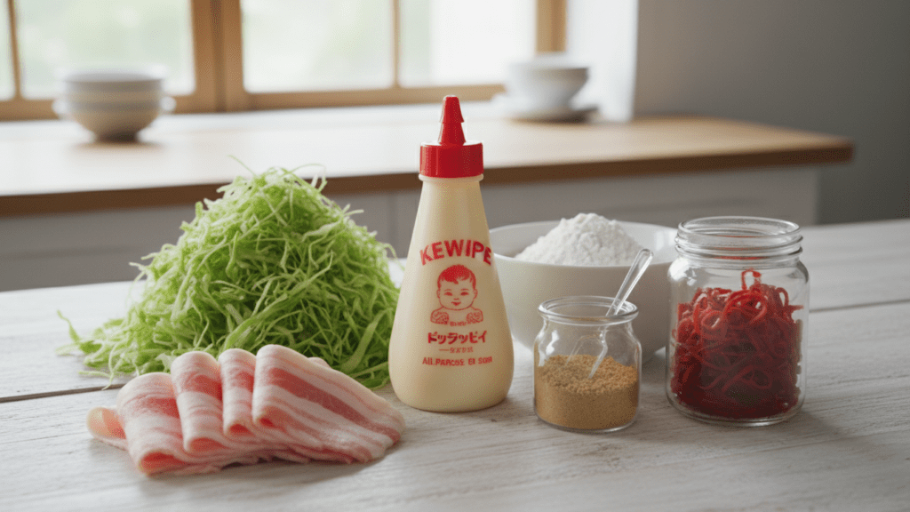 A collage of okonomiyaki ingredients including shredded cabbage, bacon, dashi, and Japanese sauces.