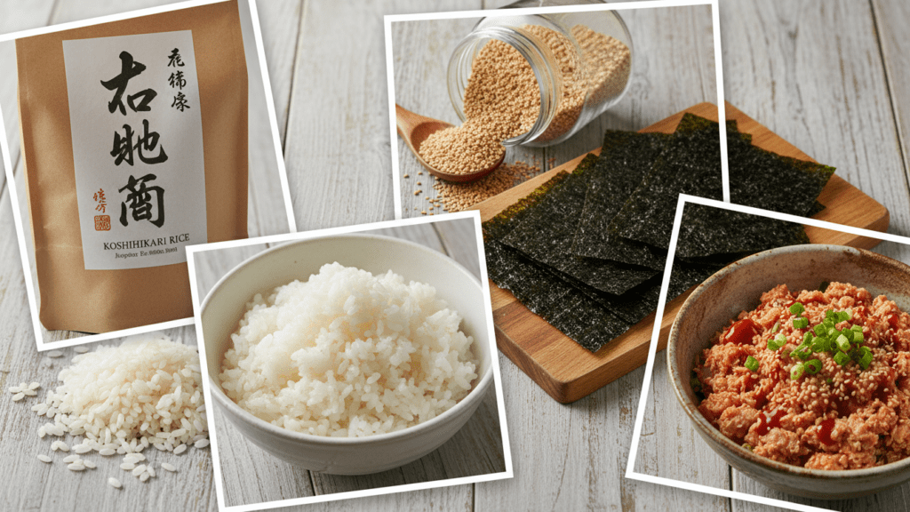 Fresh ingredients for making onigiri rice balls including sushi rice and nori.