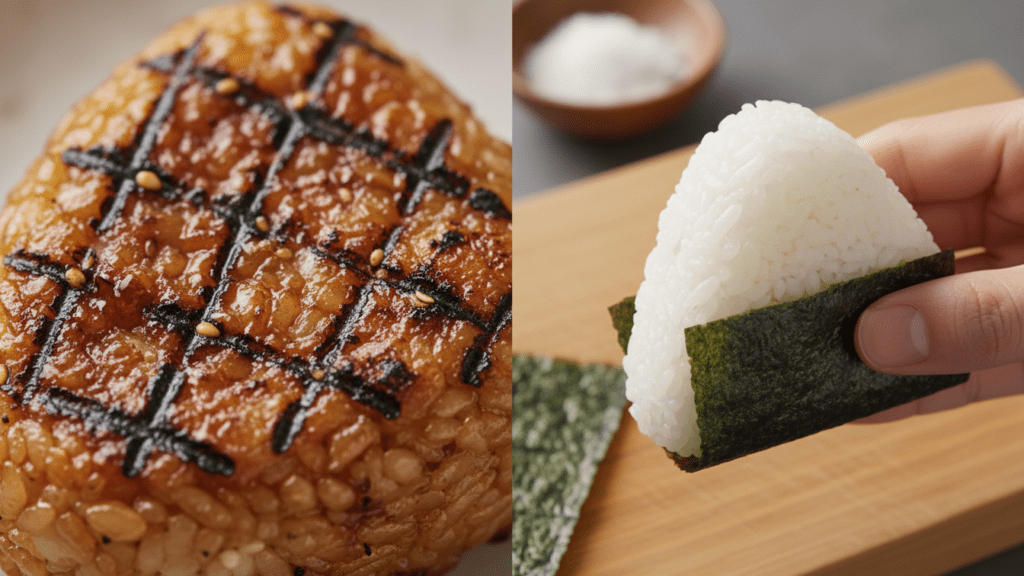 Close up of hands shaping onigiri and a grilled rice ball variant.