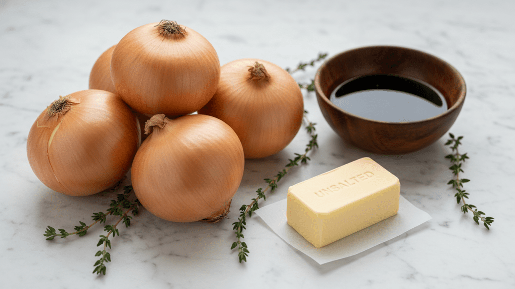 A collage of ingredients: yellow onions, butter, balsamic vinegar, and fresh thyme.