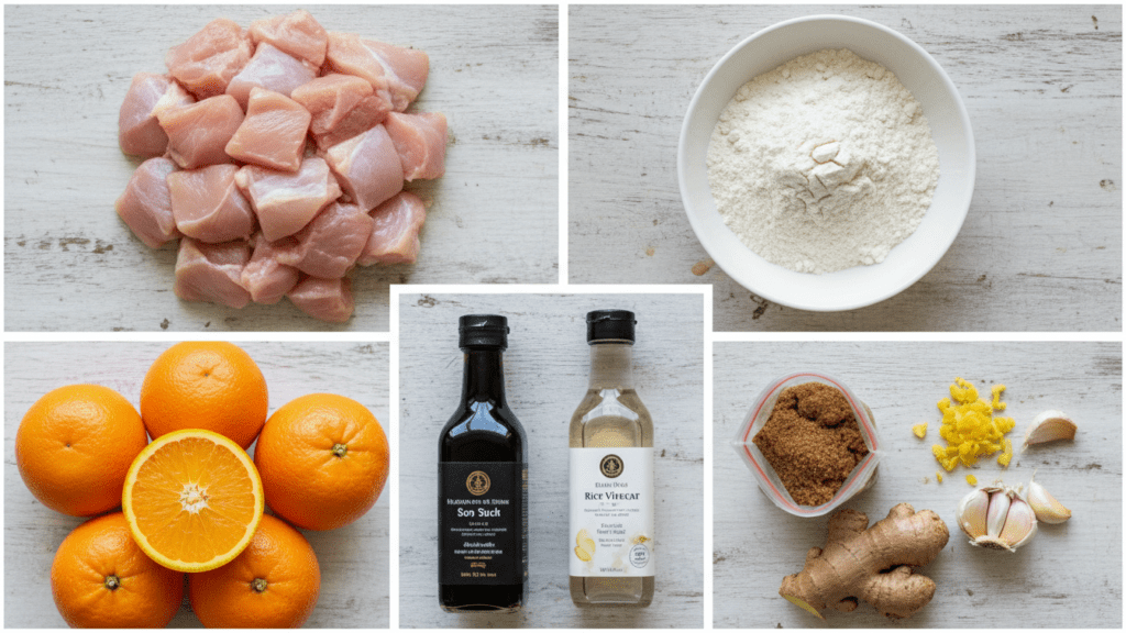 Raw ingredients for making a healthy authentic orange chicken recipe at home.