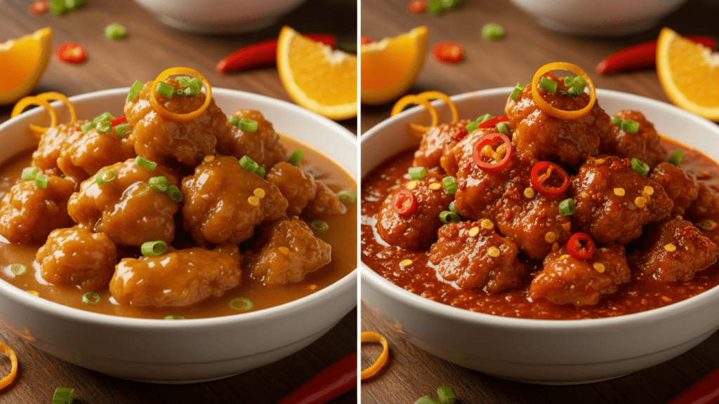 Two different versions of orange chicken including a spicy chili option.