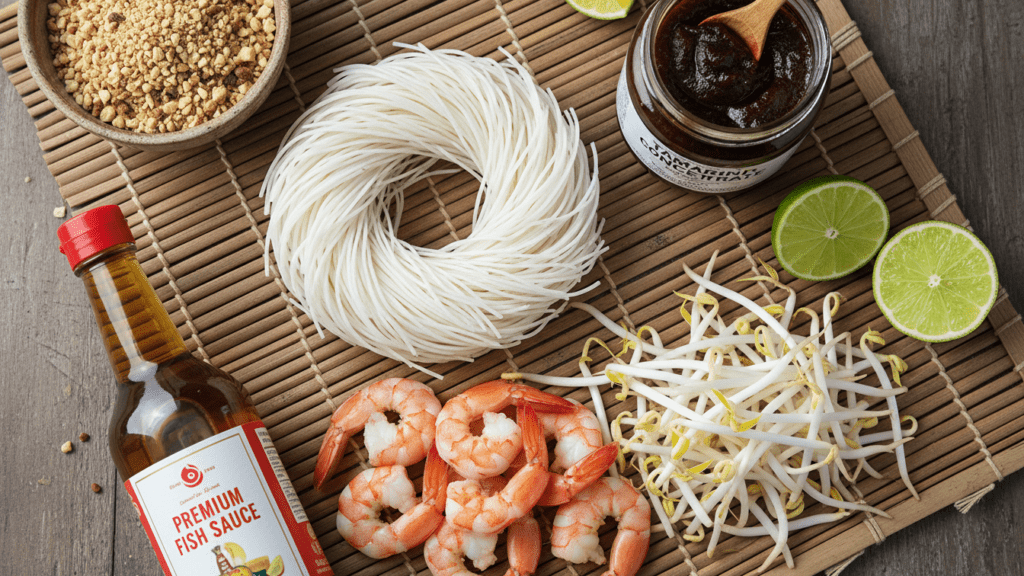 Raw ingredients for making a healthy authentic Thai Pad Thai recipe.