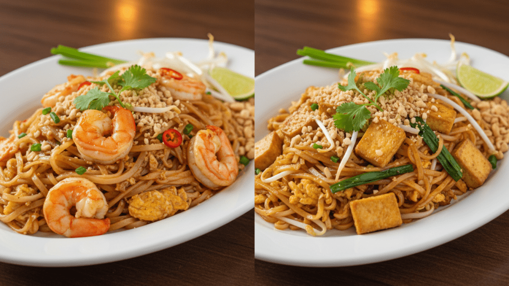 Two different versions of Pad Thai including a vegetarian tofu option.