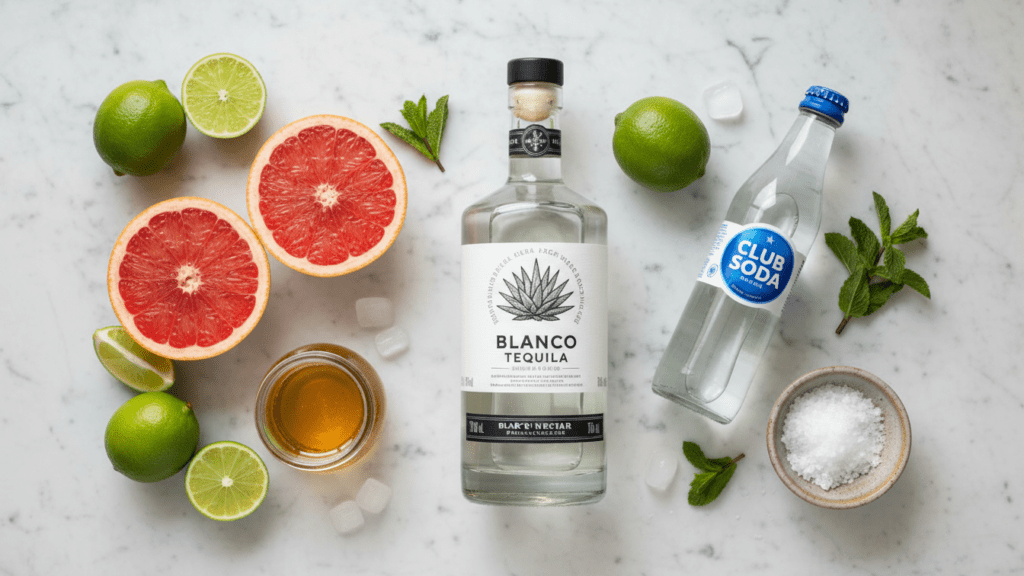 Raw ingredients for making a healthy authentic Mexican paloma cocktail