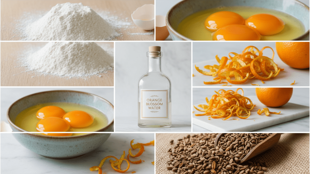 Ingredients for pan de muerto including flour, eggs, and orange blossom water.