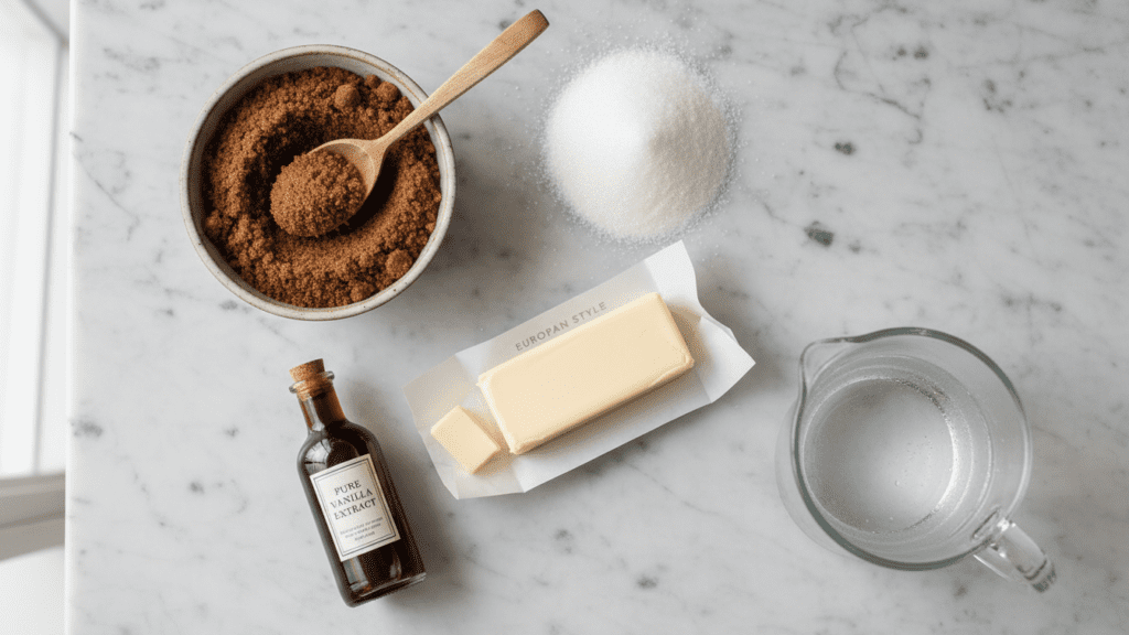 A collage of ingredients: brown sugar, white sugar, vanilla extract, butter, and water.