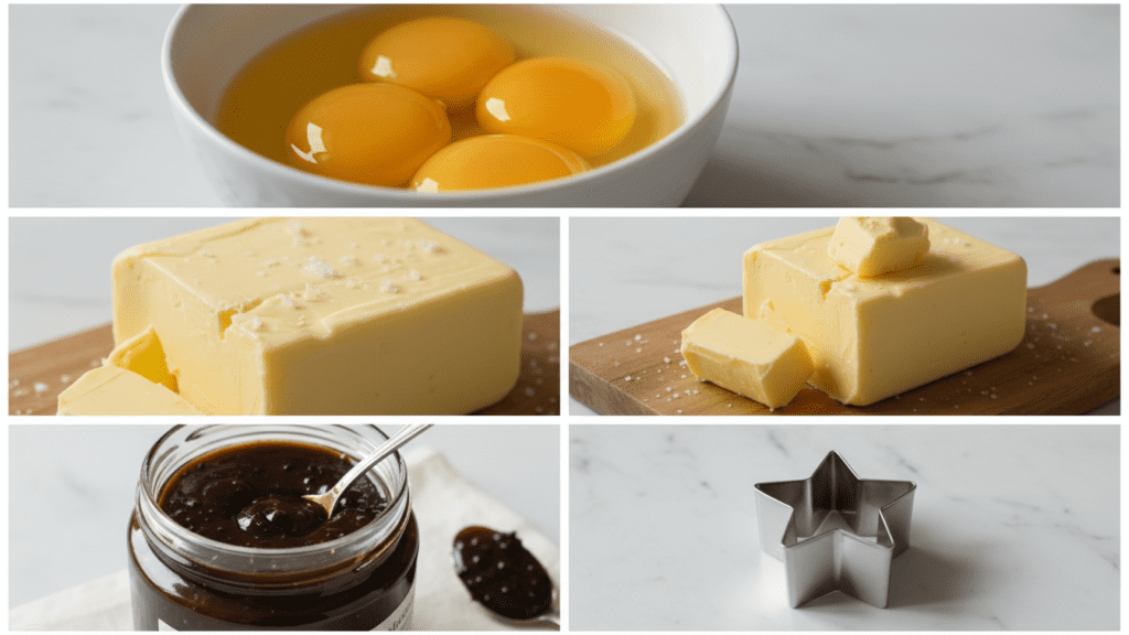 Ingredients for pandoro including eggs, butter, flour, and vanilla.