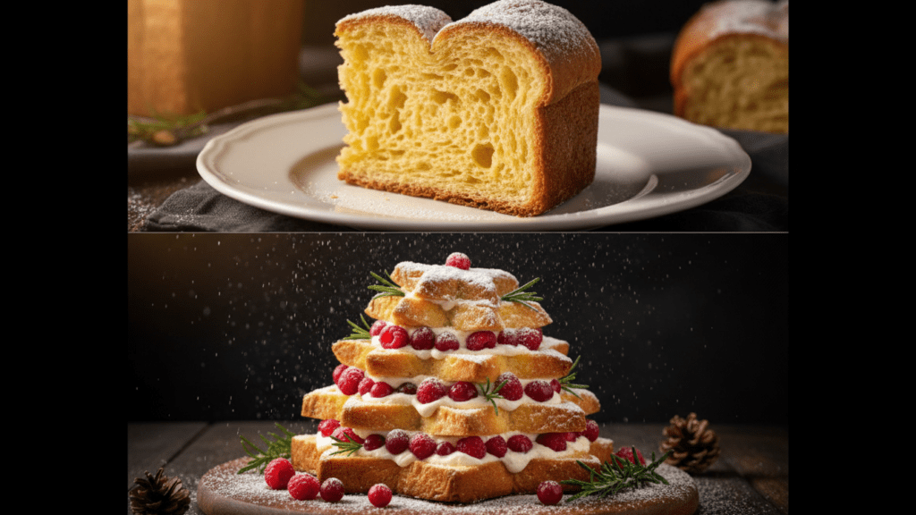 Close up of a slice of pandoro and a pandoro Christmas tree cake.