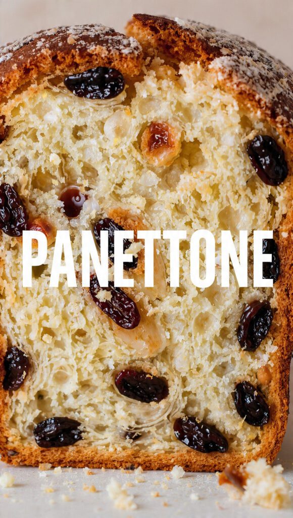 A tall, golden panettone bread sliced open to show the airy crumb.