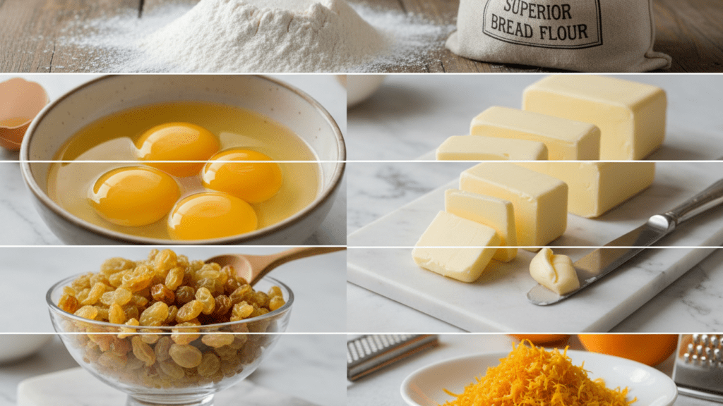 Ingredients for panettone including flour, butter, egg yolks, and raisins.