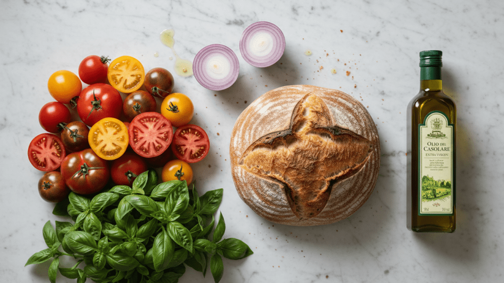 Collage of crusty bread, tomatoes, basil, and olive oil.
