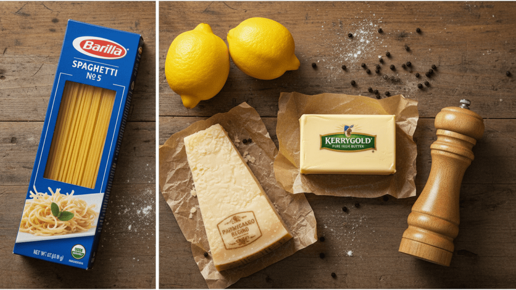 Raw ingredients for making a healthy authentic Italian pasta al limone recipe.