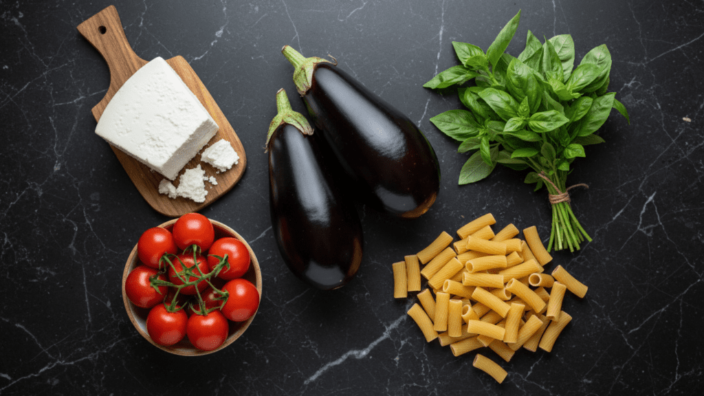 Raw ingredients for making a healthy authentic Italian pasta alla norma recipe.