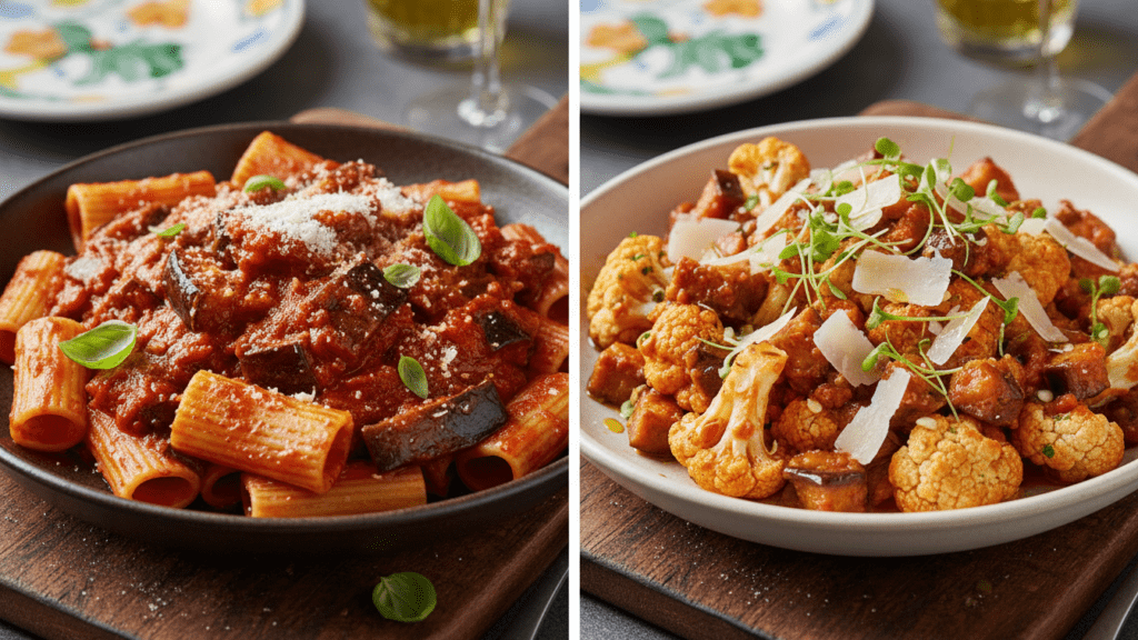 Two different versions of pasta alla norma including a keto-friendly option.