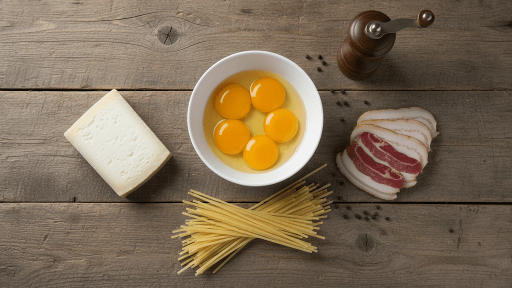 Raw ingredients for making a healthy authentic Roman pasta carbonara recipe.