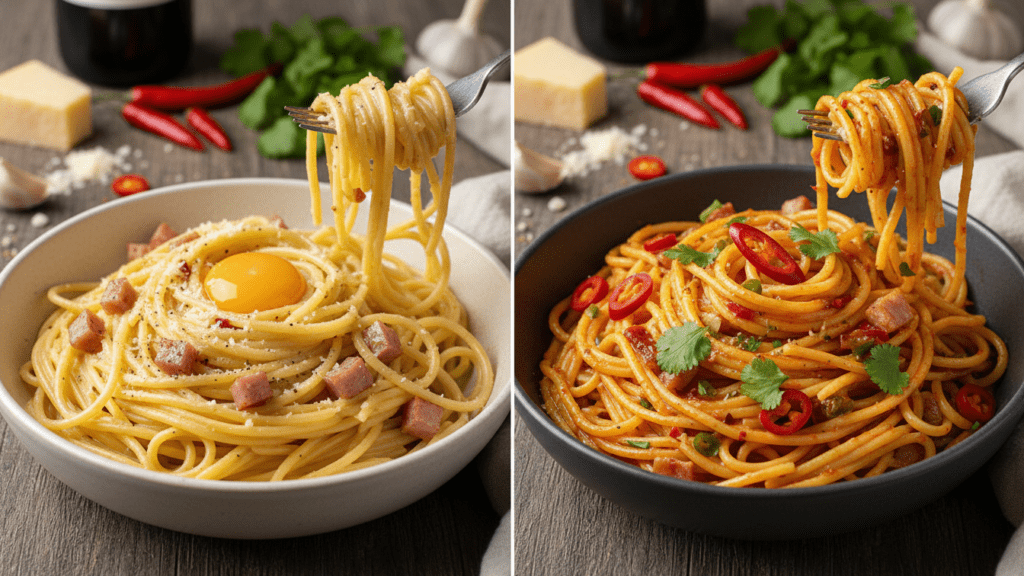Two different versions of pasta carbonara including a spicy chili option.