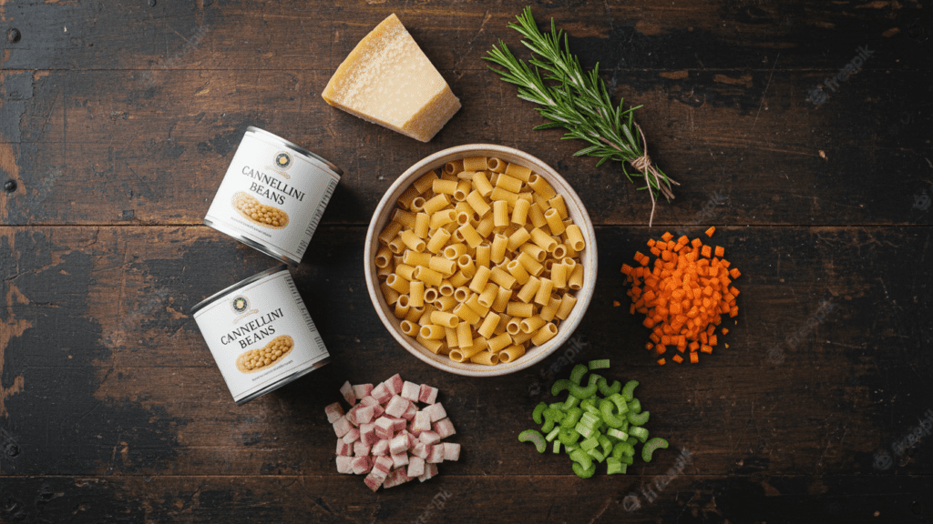 Raw ingredients for making a healthy homemade pasta e fagioli recipe.