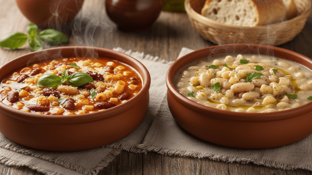 Two different versions of pasta e fagioli including a white bean option.