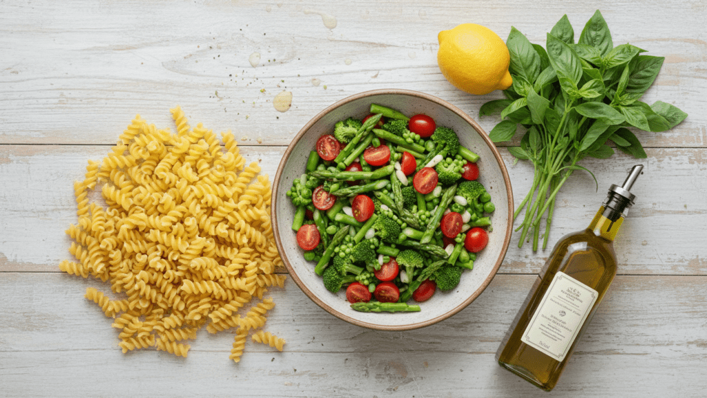 Raw ingredients for making a healthy vibrant pasta primavera recipe.