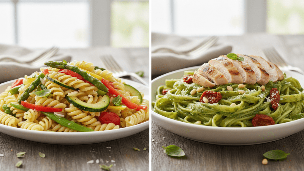 Two different versions of pasta primavera including a pesto chicken option.