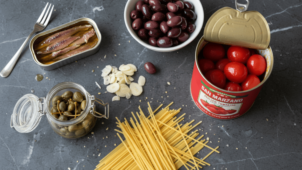 Raw ingredients for making a healthy authentic Italian pasta puttanesca recipe.