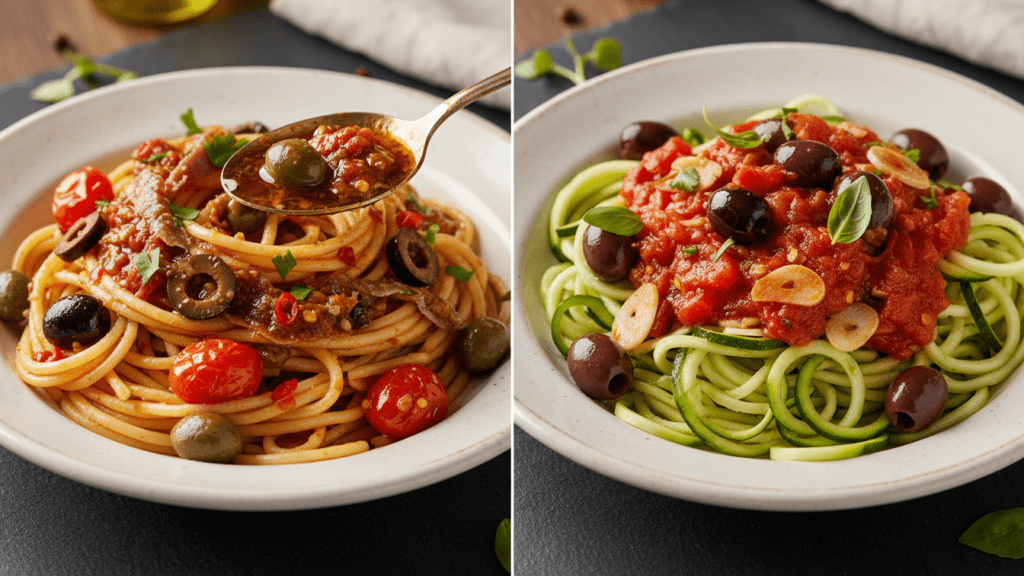 Two different versions of pasta puttanesca including a keto-friendly option