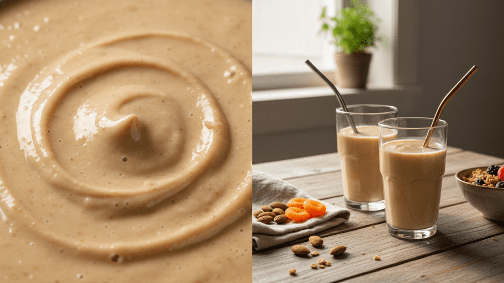 Close up look at the velvety texture of a peanut butter smoothie and a wide shot of two smoothie glasses