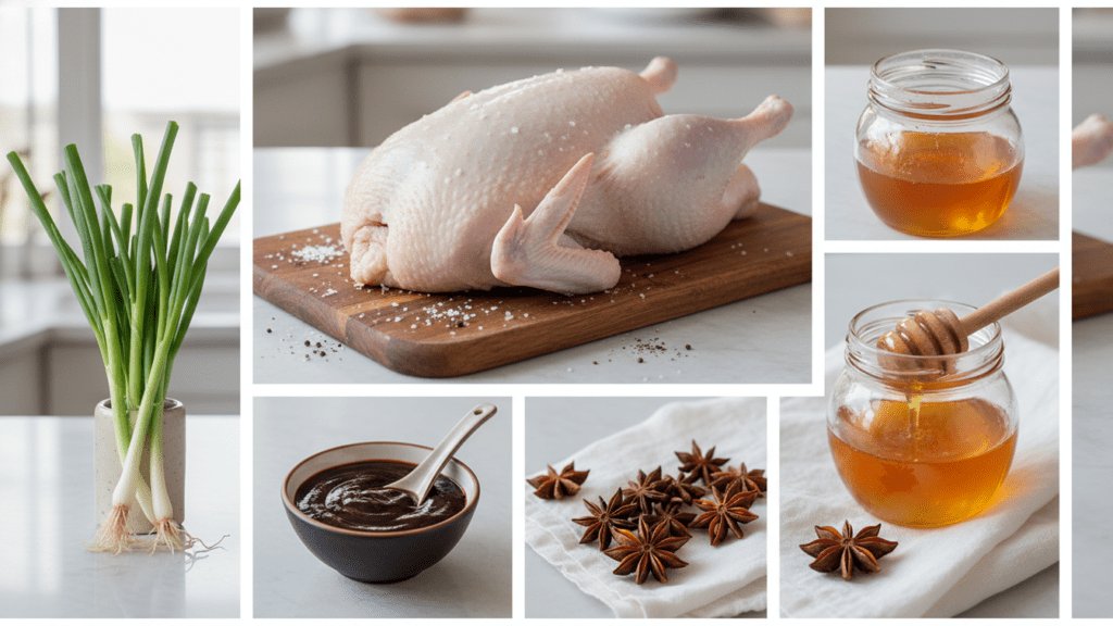 Collage of ingredients for Peking duck including whole duck, honey, star anise, and ginger.