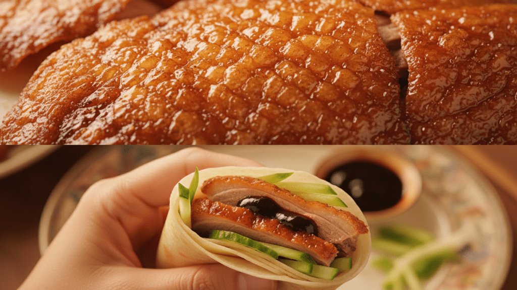 Close up of Peking duck skin and a duck pancake roll.
