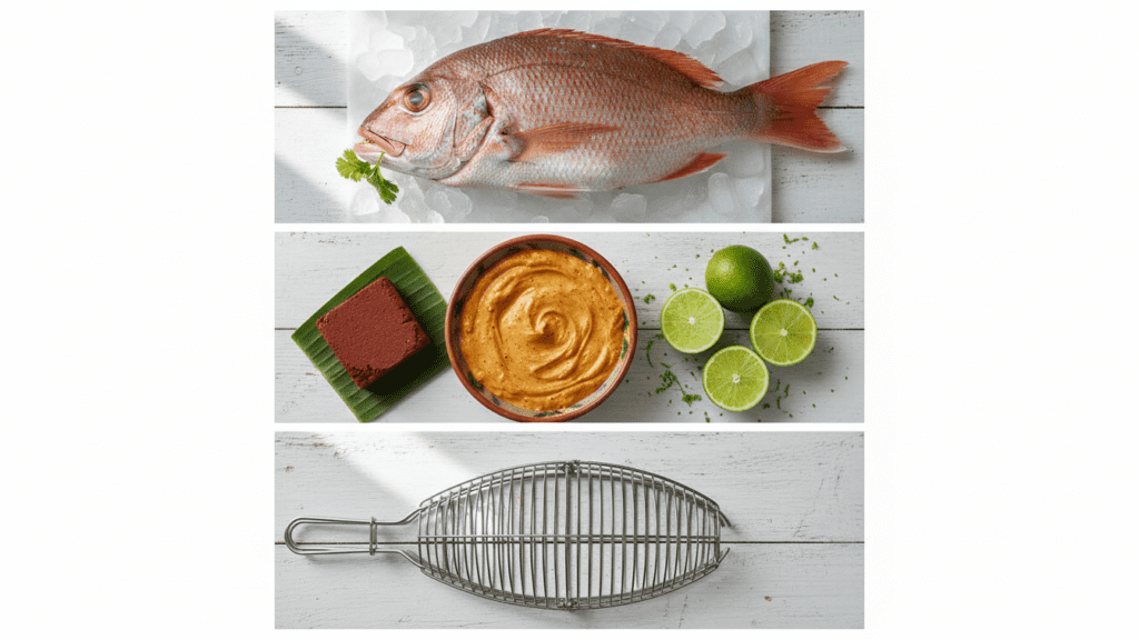Ingredients collage for Mexican grilled fish including snapper, achiote, and mayo