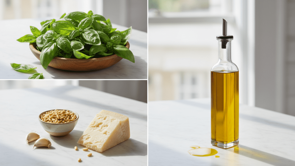 A collage of fresh basil, pine nuts, garlic, and parmesan cheese