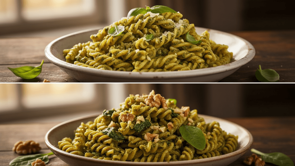 Close up of pesto pasta with trofie and a variant with walnuts.