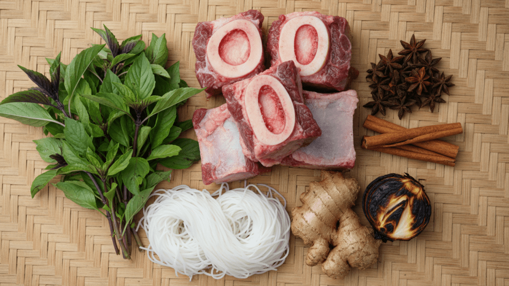 Raw ingredients for making a healthy authentic Vietnamese pho recipe.
