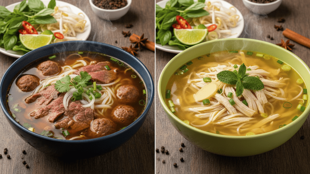 Two different versions of pho including beef and chicken options.